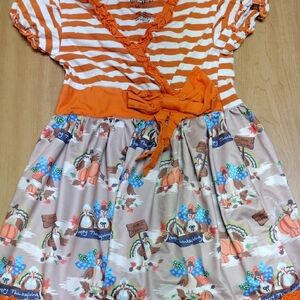 Festive Orange Striped Kids Dress with Thanksgiving Print